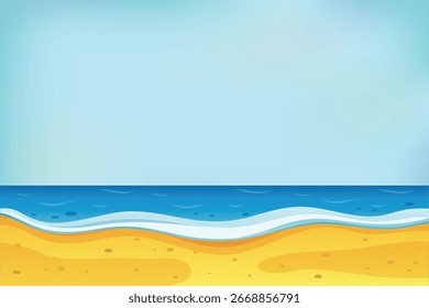 Bright cartoon summer beach background with blue sea waves, golden sand and sky. Perfect for kids design, posters, invitations, wallpapers, web and print projects.