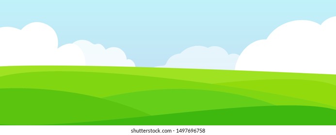 Bright cartoon summer fields landscape with beautiful sky. Vector illustration.