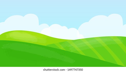 Bright cartoon summer fields landscape with beautiful sky. Vector illustration.