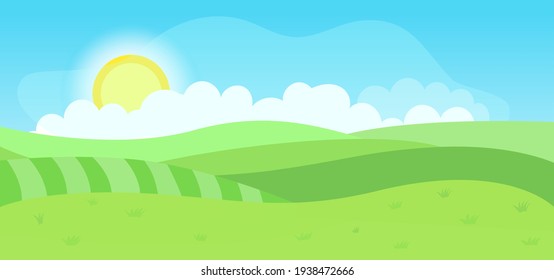 Bright cartoon summer fields landscape with beautiful sky. Flat style.