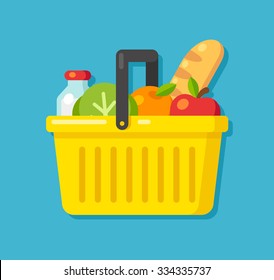 Bright cartoon supermarket basket icon full of produce. Flat vector illustration.