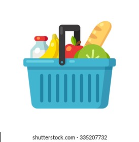 Bright Cartoon Supermarket Basket Icon Full Of Produce: Fruits, Vegetables, Milk And Bread. Flat Vector Illustration.