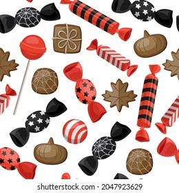 Bright cartoon sweets for Halloween. Vector seamless pattern. Chocolate, lollipops, gum, candies with orange and black striped wrapper isolated on white background.