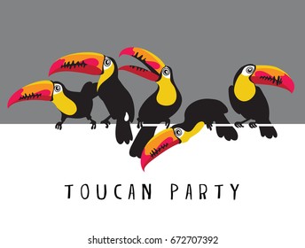 Bright cartoon toucans on a branch. Vector illustration.