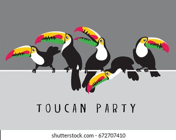 Bright cartoon toucans on a branch. Vector illustration.