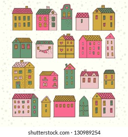 Bright cartoon town. Cute vintage houses in vector. Urban collection