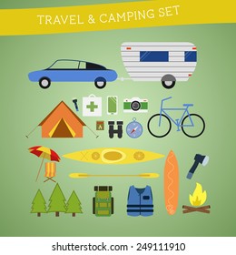 Bright cartoon travel and camping equipment icon set in vector. Recreation, vacation and sport symbols. Flat design. Vector illustration