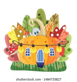 Bright cartoon Vector autumn set for Halloween. Pumpkin and other items on Halloween theme.