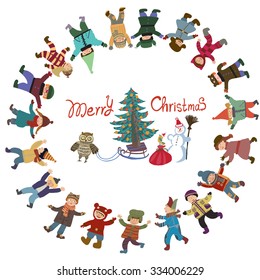 Bright cartoon vector Christmas New Year card. Funny and smiling girls and boys dancing around the Christmas tree. Winter holiday background with a bird and gifts. Round frame of the children.