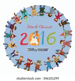 Bright cartoon vector Christmas and New Year's card. Funny and smiling girls and boys dancing around the Christmas tree. Winter holiday background with  snowman. Round frame of the children.