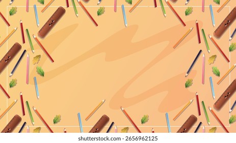 Bright cartoon vector frame with colored pencils, smiling rulers and leaves on yellow background. Text space in the middle.
