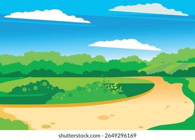 Bright cartoon vector landscape of a summer countryside with a winding dirt road, green meadows, bushes, trees, and blue sky with clouds.

