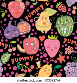 Bright cartoon vector seamless pattern of funny fruits.