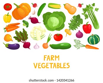 Bright cartoon vegetables farm market banner on white background. Vector illustration of healthy organic food illustration for grocery shop label, food packaging design, poster, menu cover, web pages.