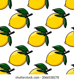 Bright cartoon yellow lemons with leaves seamless pattern on white. Vector illustration with outline.