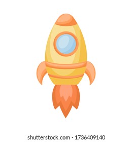 Bright cartoon yellow rocket with fire trace launched into space for design of album, scrapbook, card and invitation. Flat cartoon colorful vector illustration isolated on white background. 