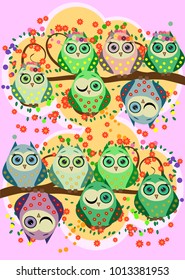 Bright, cartoonish, flirtatious, loving owls on the flowering branches of a tree. Spring, summer, girlfriends