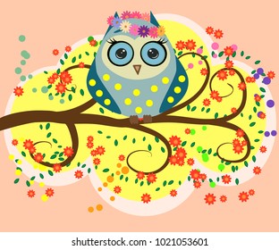 Bright, cartoonish, flirtatious, loving owls on the flowering branches of a tree. Spring, summer, girlfriends