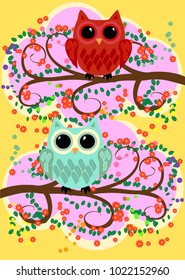 Bright, cartoonish, flirtatious, loving owls on the flowering branches of a tree. Spring, summer, girlfriends