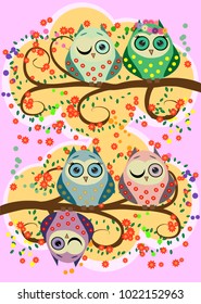 Bright, cartoonish, flirtatious, loving owls on the flowering branches of a tree. Spring, summer, girlfriends