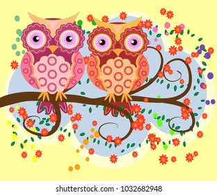 Bright, cartoonish, flirtatious, loving owls on the flowering branches of a tree. Spring, summer, girlfriends