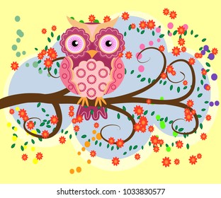 Bright, cartoonish, flirtatious, loving owls on the flowering branches of a tree. Spring, summer, girlfriends