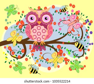 Bright, cartoonish, flirtatious, loving owls on the flowering branches of a tree. Spring, summer, girlfriends