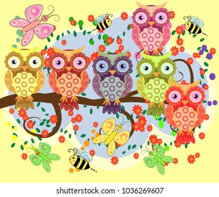 Bright, cartoonish, flirtatious, loving owls on the flowering branches of a tree. Spring, summer, girlfriends
