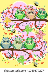 Bright, cartoonish, flirtatious, loving owls on the flowering branches of a tree. Spring, summer, girlfriends