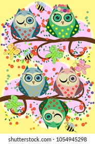 Bright, cartoonish, flirtatious, loving owls on the flowering branches of a tree. Spring, summer, girlfriends