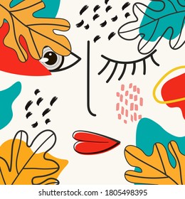
Bright, cartoonish image of autumn with eyes and lips and  leaves.
Abstract modern face.
Vector decorative composition. 