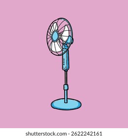 Bright cartoon-style depiction of a blue stand fan on a bold pink background, showcasing summer themes and household comfort.
