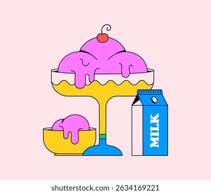 Bright cartoon-style illustration of pink ice cream in bowls with a cherry on top and a blue milk carton. Fun and playful dessert-themed design