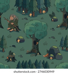 A bright cartoon-style pattern: a Scandinavian troll witch sitting on a boulder in a magical forest