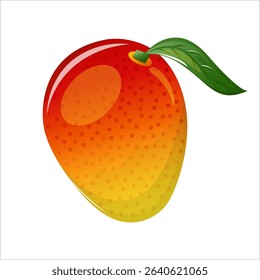 Bright cartoon-style vector mango with green leaf, ideal for food illustrations, tropical designs, or summer-themed projects.
