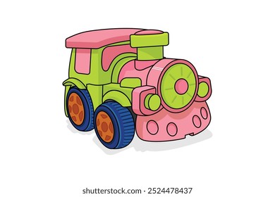 Bright cartoon-style vector of a toy train featuring playful pink, green and blue colors for kids.