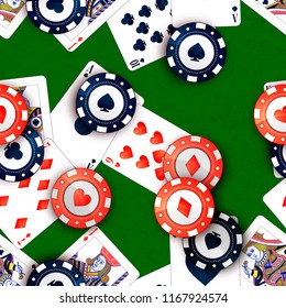 Bright casino chips and poker cards on green table, seamless pattern