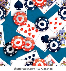 Bright casino chips and poker cards on blue table, seamless pattern