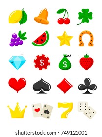 Bright casino flat icons set. Vector slot-machine cartoon symbols.