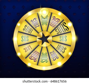 Bright casino roulette with prize money. Wheel of Fortune gambling game luxury VIP style, for web, flyers, banners. Dark-blue inner shadow card suits background. Template poster. Vector illustration.