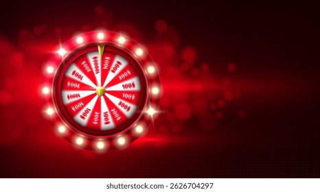 Bright casino spin wheel with glowing bulbs and dollar prizes, placed on vivid red background with sparkles and bokeh for jackpot games, lucky draws or promotional gambling ads. Realistic 3d vector.