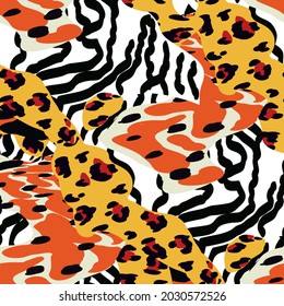 Patrón transparente del vector de pieles de gato brillante. Textura de cebra étnica. Diseño de Leopardo del cabello de tela colorida. Imagen gráfica de Camuflaje Chita.