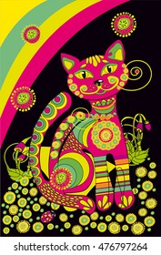 Bright  cat on black background, ethnic motifs, decorative, rainbow and mushrooms