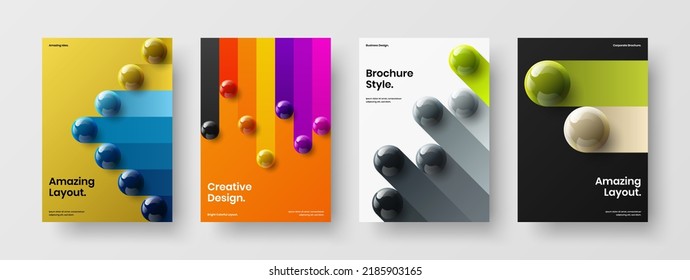 Bright catalog cover A4 design vector concept bundle. Vivid 3D balls brochure template collection.