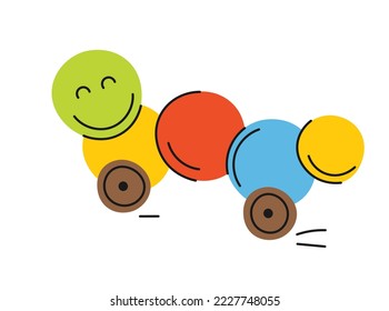 Bright caterpillar on wheels. Fun toy made of round objects, colorful balls. Sticker for social networks and messengers. Entertainment and happiness, childhood. Cartoon flat vector illustration