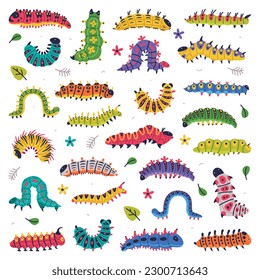 Bright Caterpillars as Larval Stage of Insect Crawling and Creeping Vector Set