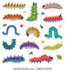 Bright Caterpillars as Larval Stage of Insect Crawling and Creeping Vector Set