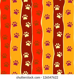 Bright cats or dogs paw print stripes seamless pattern, vector