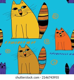 Bright cats on a blue background. Seamless vector pattern.