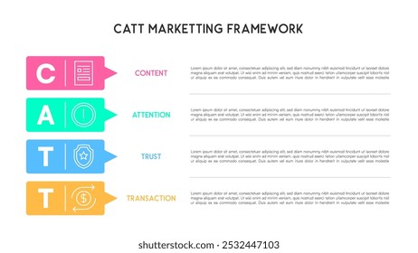 Helle CATT Marketing Framework Infografik mit Pfeil-Design: Vektorgrafik zu Inhalten, Aufmerksamkeit, Vertrauen, Transaktionsschritten